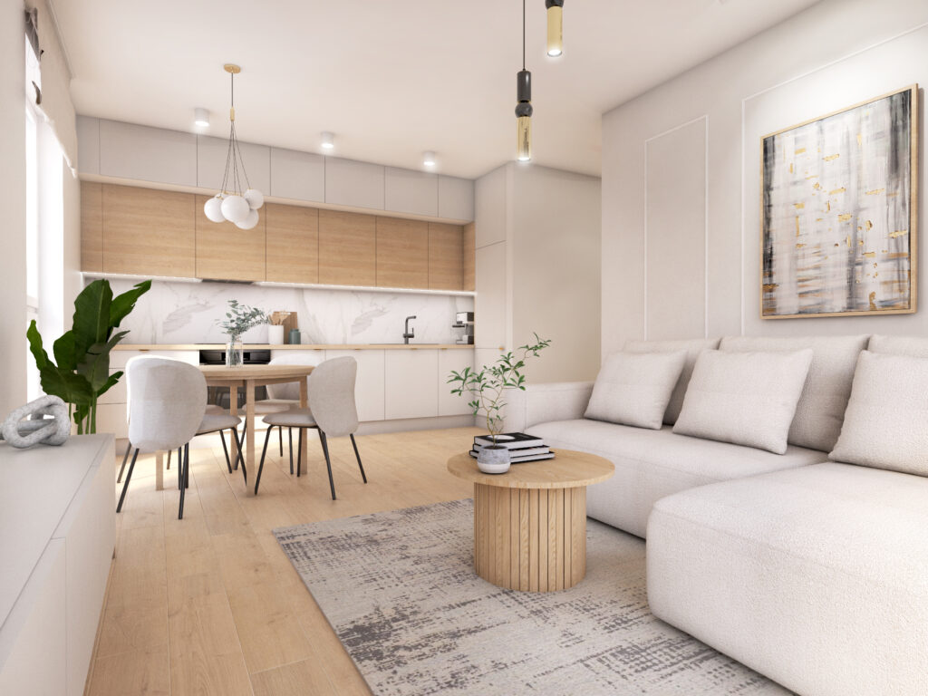 salon z kuchnią przytulna projekt dom gdynia gdańsk nowoczesny styl projekt wnętrza architekt