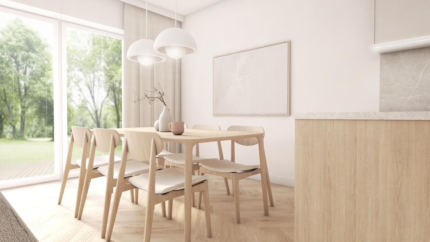 salon z kuchnią z aneksem jadalnia beżowa ciepła przytulna podłoga w jodełkę drewno dębowe projekt dom gdynia gdańsk nowoczesny styl projekt wnętrza architekt