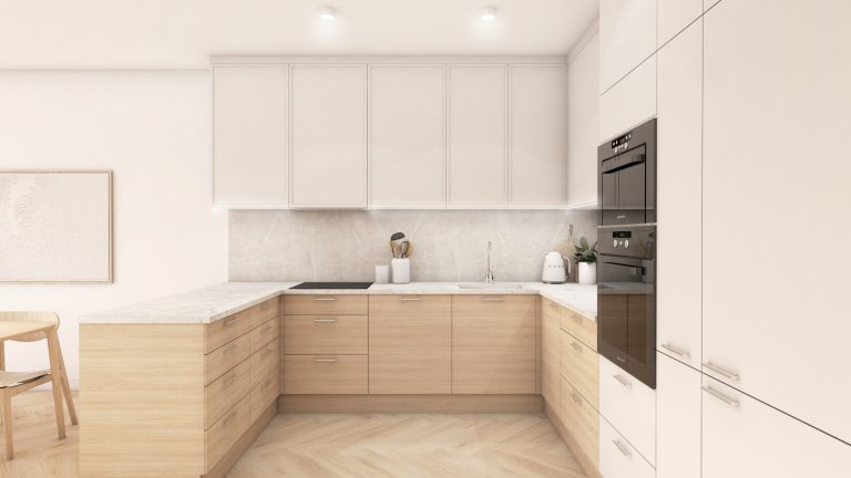 salon z kuchnią z aneksem jadalnia beżowa ciepła przytulna podłoga w jodełkę drewno dębowe projekt dom gdynia gdańsk nowoczesny styl projekt wnętrza architekt