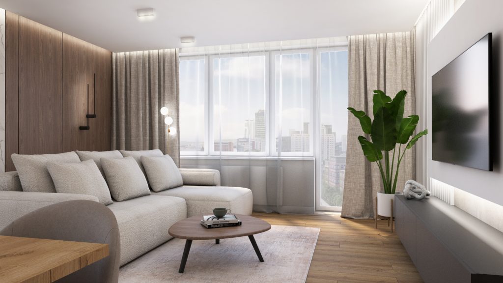 salon kanapa ściana TV orzech drewno szafa beżowa ciepła przytulna projekt dom gdynia gdańsk nowoczesny styl projekt wnętrza architekt