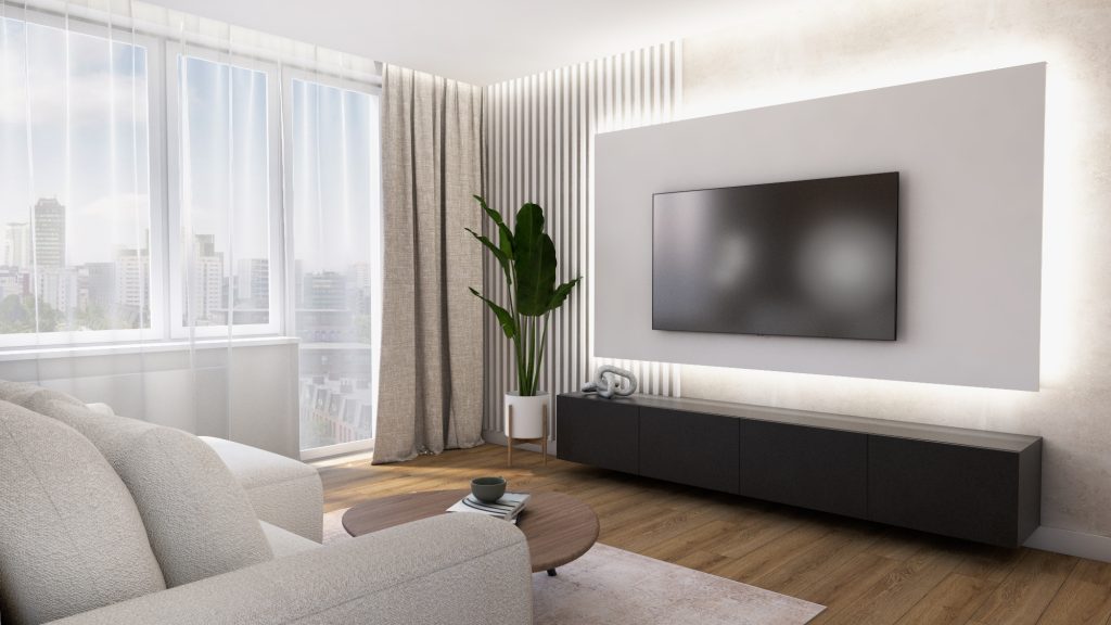 salon ściana tv orzech drewno szafa beżowa ciepła przytulna projekt dom gdynia gdańsk nowoczesny styl projekt wnętrza architekt