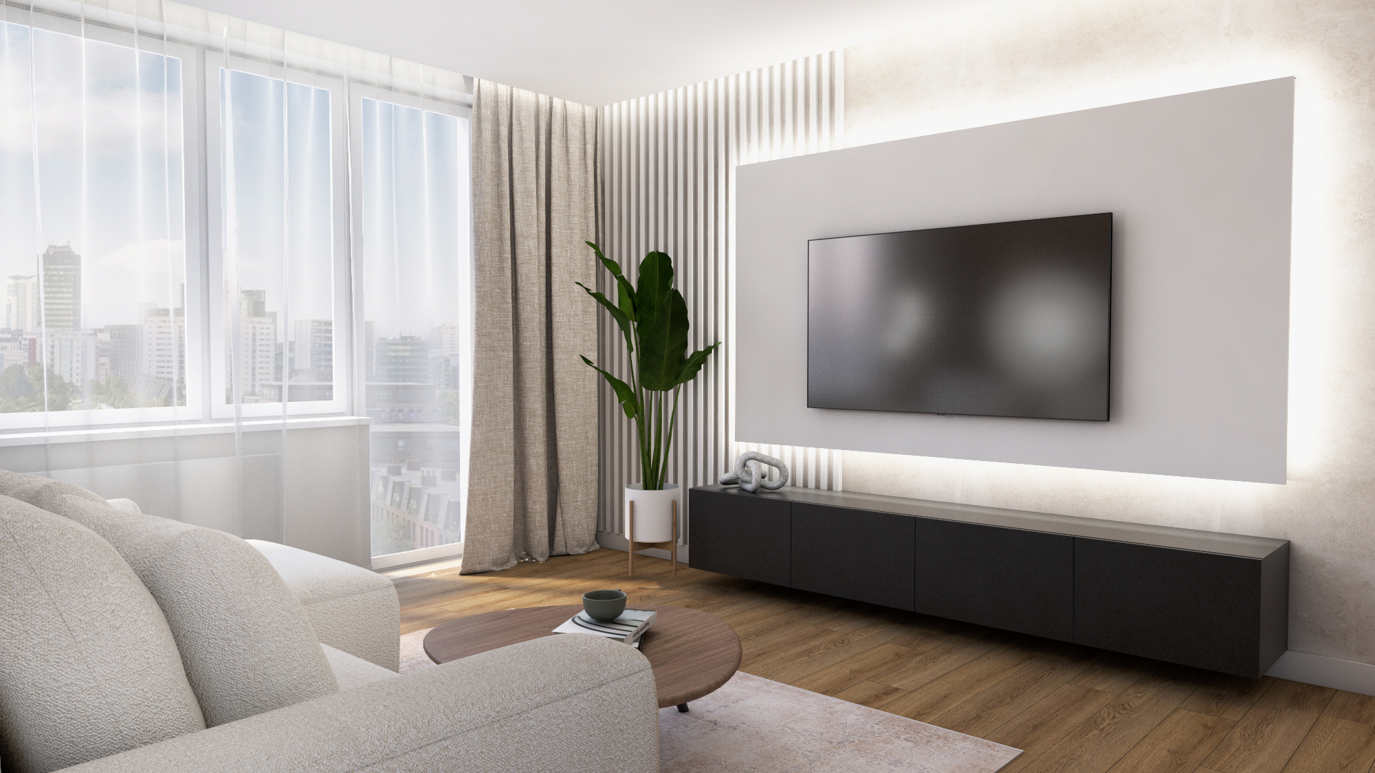 salon ściana tv orzech drewno szafa beżowa ciepła przytulna projekt dom gdynia gdańsk nowoczesny styl projekt wnętrza architekt