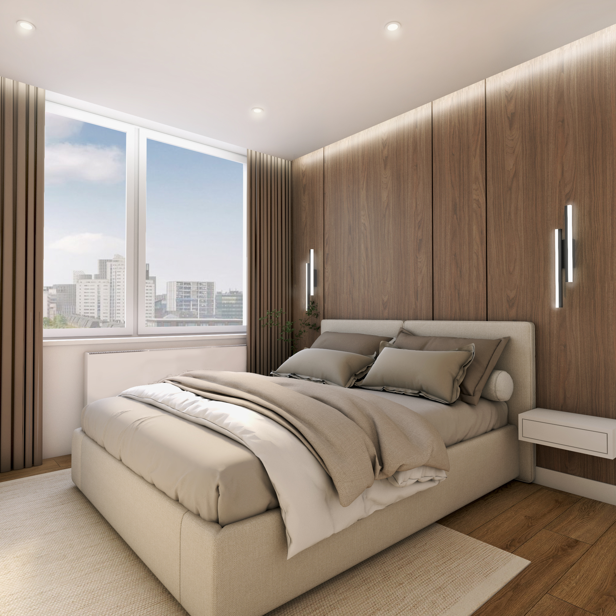 sypialnia orzech drewno szafa beżowa ciepła przytulna projekt dom gdynia gdańsk nowoczesny styl projekt wnętrza architekt