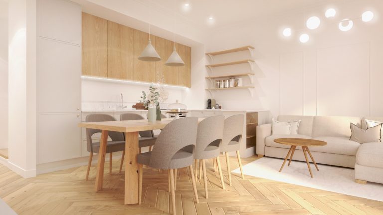 salon z kuchnią jadalnia podłoga w jodełkę drewno dębowe projekt dom gdynia gdańsk japandi projekt wnętrza architekt